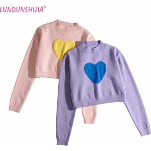 LUNDUNSHIJIA 2021 New Spring Autumn Women Pink Short Sweater Purple Knitting Pullover Love Heart Pattern Sweaters For Women