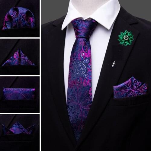 Purple Floral Silk Mens Wedding Tie Crystal Brooches Handkerchief Cufflinks Set Neck Tie For Men Gift Party Business Barry.Wang