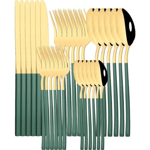 6/30Pcs Green Gold Tableware Cutlery Set Mirror Flatware Set Stainless Steel Kitchen Silverware Knife Fork Spoon Dinnerware Set