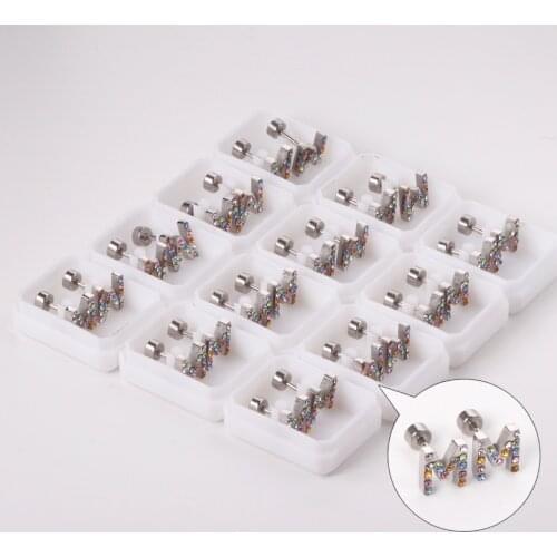 12 Pairs Stainless Steel Letter Stud Earrings Silver Color with Cubic Zirconia Alphabet Earring for Women Girl Party Jewelry