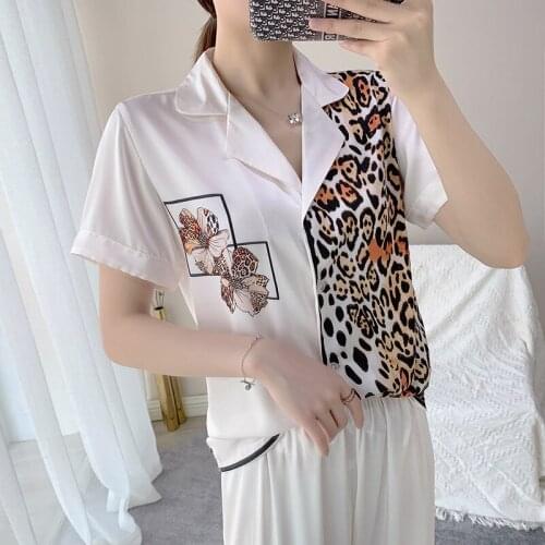 2021 Spring Summer New White 2PCS Pajamas Set Women Short Sleeve Pant Sleepwear Lounge Satin Nightwear Leopard Flower Home Wear