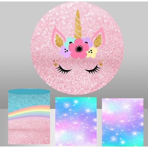 Pink Unicorn Round background photo studio Backdrop baby shower girl birthday Party decoration table column Covers poster YY-667