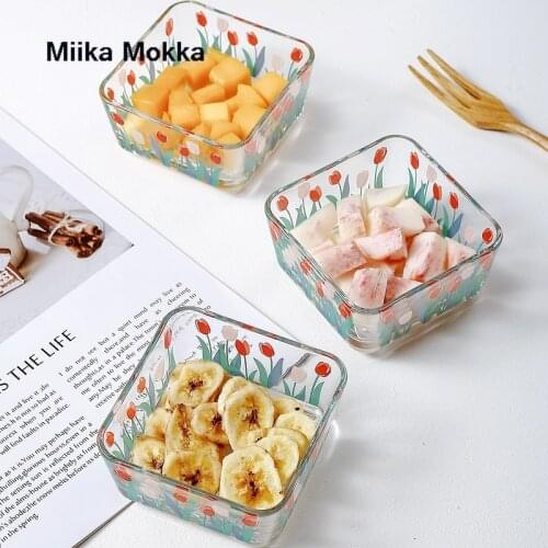 Japanese Style Flower Printed Glass Salad Bowl Transparent Snack Fruits Dessert Storage Bowl for Home Store Kitchen Tools