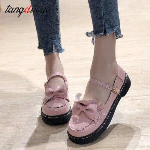 Japanese College Students Girls Round Toe Buckle Straps Bow Shoes Lolita JK Commuter Uniform Lovelive PU Leather Shoes 3 Colors