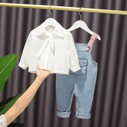 Spring Autumn Clothes Set For Girls Baby Infants Bowtie Lapel Collar Long Sleeve Shirt Tops+Wing Jeans Overall Pants 2pcs S11025