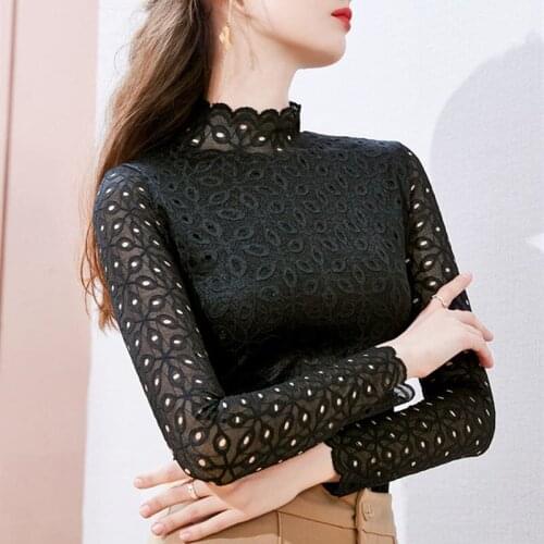 Spring Autumn Nylon Womens T-Shirt Turtleneck Long Sleeve Pullover Hollow Out Solid Slim Lace Fashion Office Lady T-Shirt