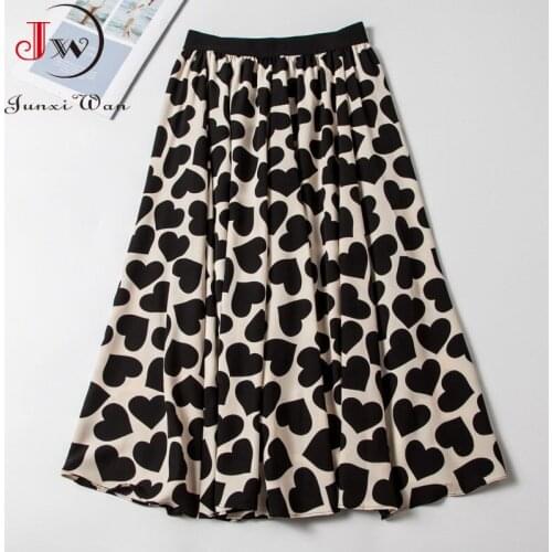 Vintage Love Print Pleated Midi Skirt Women Spring Summer Elegant Office Ladies High Waist Chiffon Skirt Faldas Saias