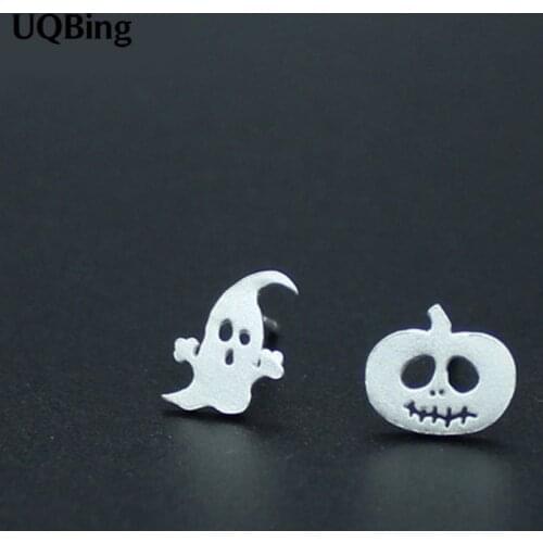 Asymmetry 925 Sterling Silver Halloween Pumpkin Ghost Stud Earrings For Women Jewelry Pendientes Brincos
