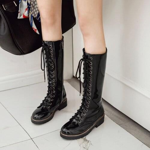 PXELENA Rome Riding Knight Mid Calf Boots Women 2018 New Low Heels Lace Up Military Army Combat Boots Female Shoes 34-43