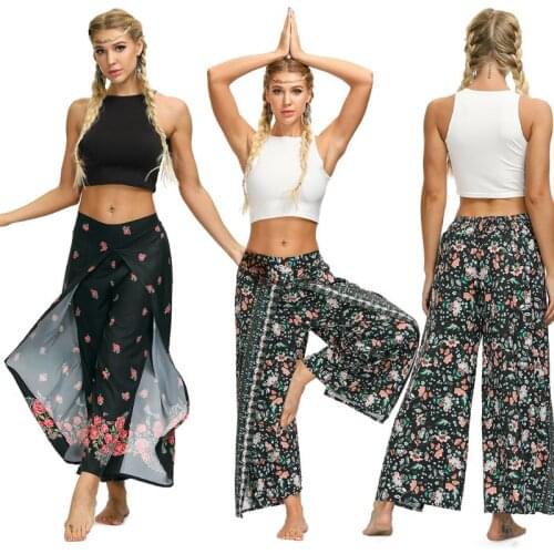 1 Pc Women Floral Print Trousers Yoga Loose Baggy Boho Long Palazzo Wide Leg Beach Harem Split Casual Pants Classical Yoga Pants