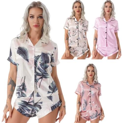 Women Flower/Leaf/Stripe Printed Satin Pajamas Set Sleepwear Loungewear Notched Collar Short Sleeve Button Shirt Top With Shorts