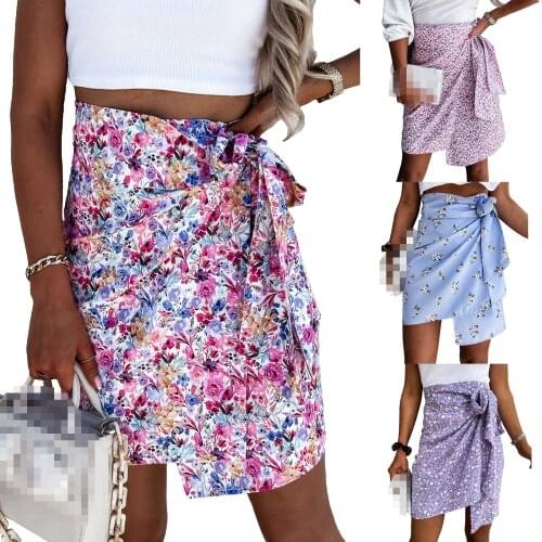 2021 Ladies Summer Temperament Bust Skirt, Girls Sweet Floral Printing Waist Tie Up Irregular Short Chiffon Floral Skirt