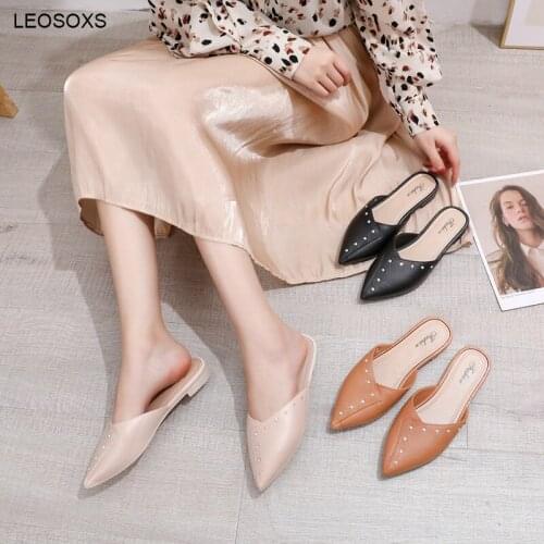 2021 Fashion Rhinestone Pointed Baotou Half Slippers Summer Wear Comfortable Fairy Sandals Casual Low-heeled Shoes 1-3CM