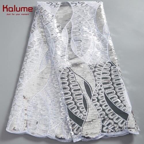 Kalume White African Lace Fabric Sequins 2021 High Quality Soft Nigerian Tulle Lace Fabric For Women Diy Dress Sewing F2567