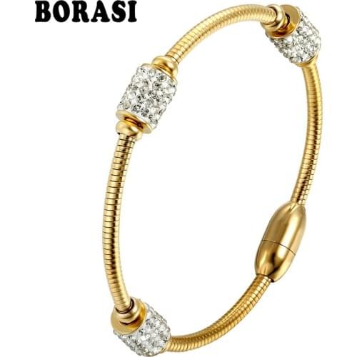 BORASI Stainless Steel Bracelet Surface Three oval Crystals Bracelet Bangle Cubic Zircon Gold Color Charm Bracelet For Women New