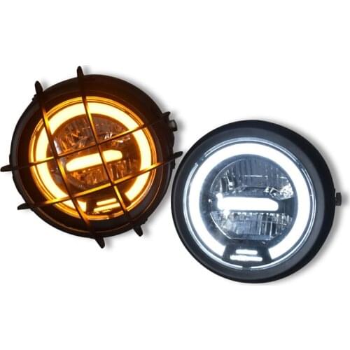 ECE E Mark Retro Motorcycle Modification General LED 12V Ultra-Bright Headlamp Headlight Full Metal 6.5 Inch with Grill Guard