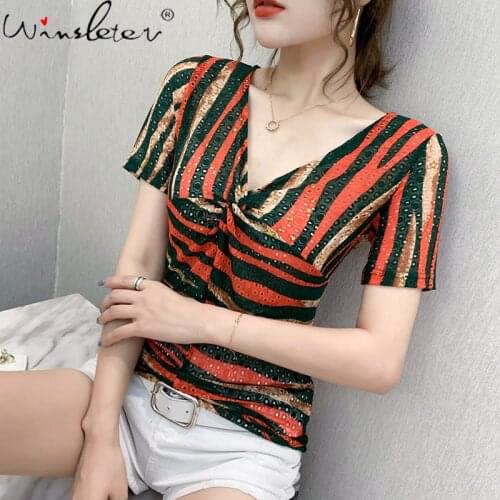 Summer European Style T-Shirt Sexy V-Neck Drape Fashion Stripe Print Women Tops Short Sleeve Slim Plangi Tees New 2021 T13309A