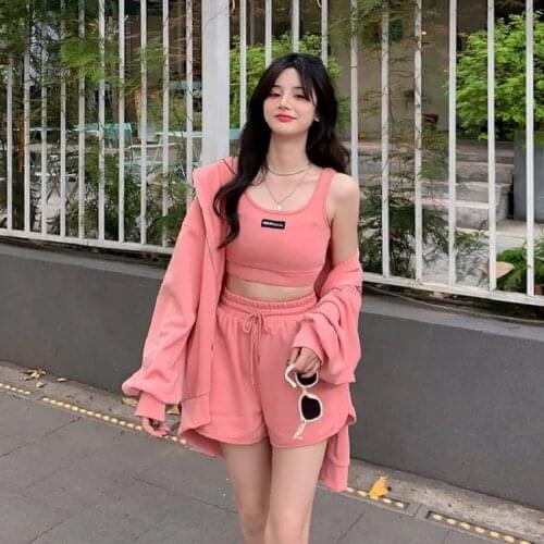 NEW Casual 3Pieces Autumn Sexy Camisole Wide Leg Shorts Hooded Hoodies Coat Zipper Sweatshirts Plus Size Womens Clothing Sport