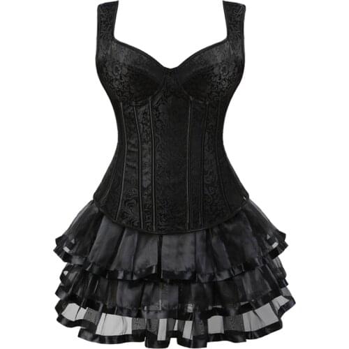 Sexy Steampunk Corsets and Bustiers Top Lace Up Zipper Side Corsets with Skirt Retro Vest Sexy Gothic Overbust Corset Dress