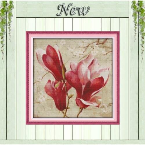 Red Magnolia flowers,Pattern printed on canvas DMC 11CT 14CT Cross Stitch kit,needlework Set full for embroider,Beautiful Flower
