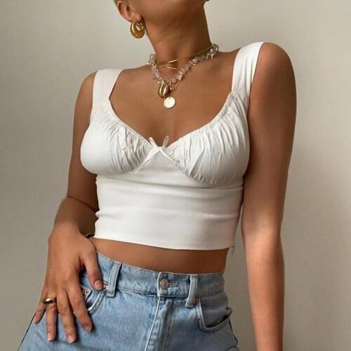 2021 Summer Slim Bow Folding Top U-Collar Short Vest Female Crop Top Women All Neon Store Clothes Tank Top Women Y2k Tops