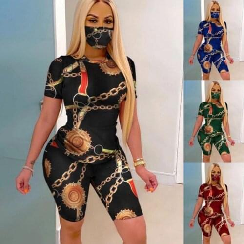 Fashion Chain Print Three Piece Set Casual Wear Round Collar Short Sleeve and Biker Shorts Sport african Tracksuit Outfits Sets
