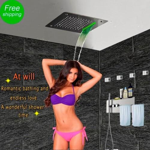 Bath Shower Set Thermostatic Embedded Panel with Towel Rod Holder Rain Waterfall LED Shower Head Body Massage Jets Bathroom Set
