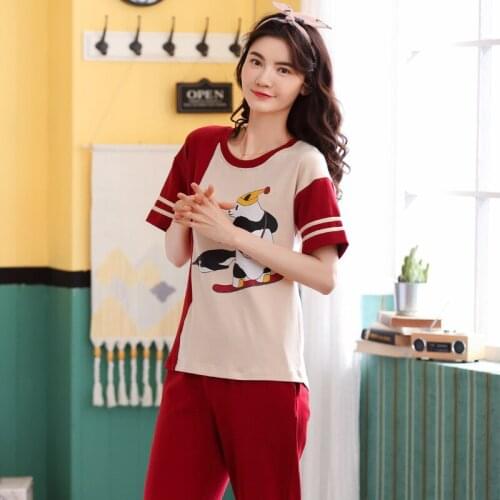 Women 2019 new summer cotton ladies fashion pullover short sleeve trousers comfortable thin two piece pajama sets pajamas