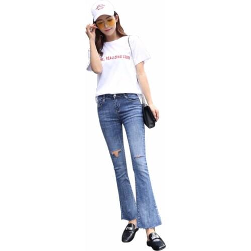 New Women Fashion Flare Pants Denim Pants Stretch Slim Ripped Hole Skinny Jeans