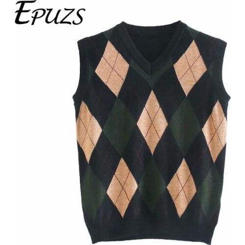 Autumn women knitted sweaters vintage sleevenless V-Neck sweaters 2020 casual fashion argyle print pullovers sweaters