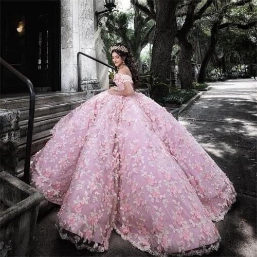 Luxury Pink Lace Off Shoulder Quinceanera Dresses Princess Ball Gowns 3D Floral Butterfly Vestidos Para XV Años Sweet 16 Dress
