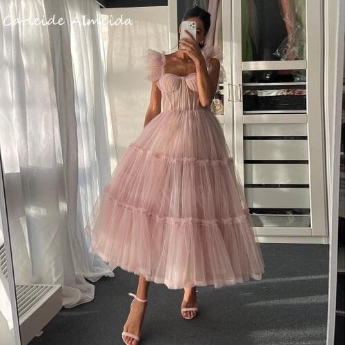 A-Line Pink Tulle Tea-Length Prom Dresses 2021 Customized Cocktail Party Dress