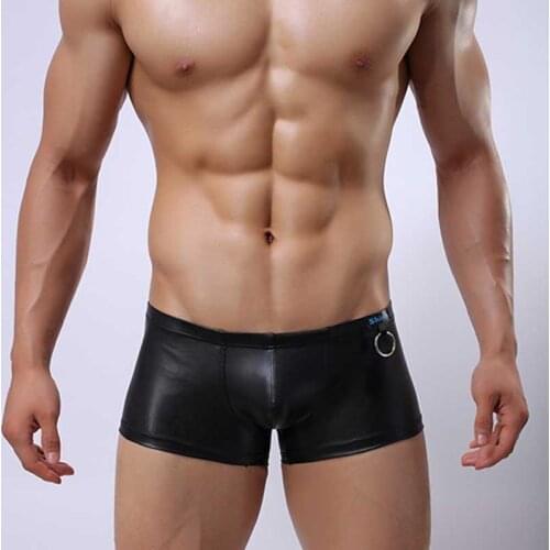 New Elastic PU Faux Leather Mens Boxer Shorts Fine Workmanship Fighter Soft Fad Low Waist U Convex Pouch Gay Couple Underwear