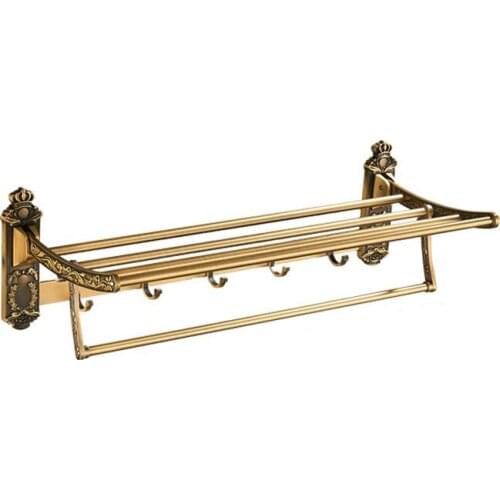 Aluminum Antique Brass Bath Towel Foldable Rack Active Bathroom Towel Holder Double Towel Shelf With Hooks Bathroom Accessories