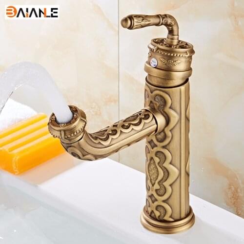 Basin Faucet Retro Style Swivel Spout Bathroom Sink Mixer Taps Single Handle Single Hole Antique Brass Basin Sink Faucets