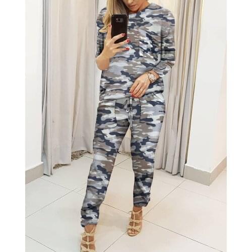 Women Fashion Suits Set Sports Wear Autumn Fashion Casual Two-piece Set Camouflage T-shirt Pants Two-piece Sets Tops With Bottom