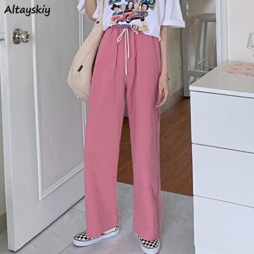 High Waist Pants Women Sweet Girl Japanese Style Loose Straight Full-length Candy-color Leisure Student All-match Solid Trousers