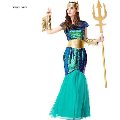 M-XL Green Women Halloween Mermaid Costumes Female Neptune Poseidon Cosplay Carnival Purim Parade Queen Role play party dress