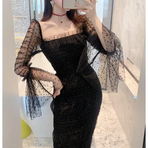 2021 Summer Sexy Flocking Dot Party Dress Women Elegant Long Flare Sleeve Pleats Sequins LaceMesh Elastic Sheath Midi Vestidos
