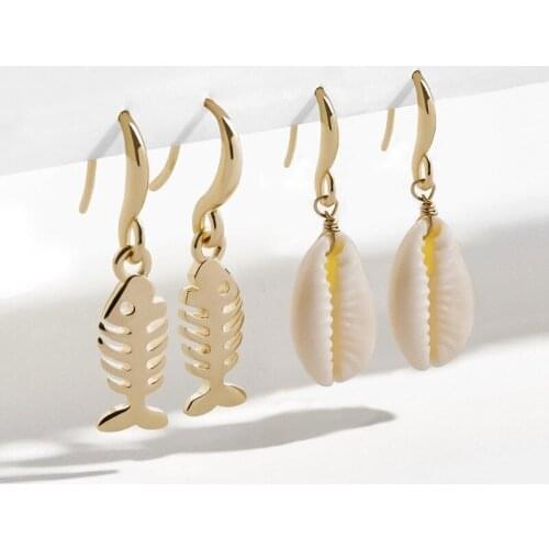 2020 New Jewelry European and American Hot Style Set Earrings Natural Shell Alloy Hollow Fish Bone Earrings Factory Direct Sales