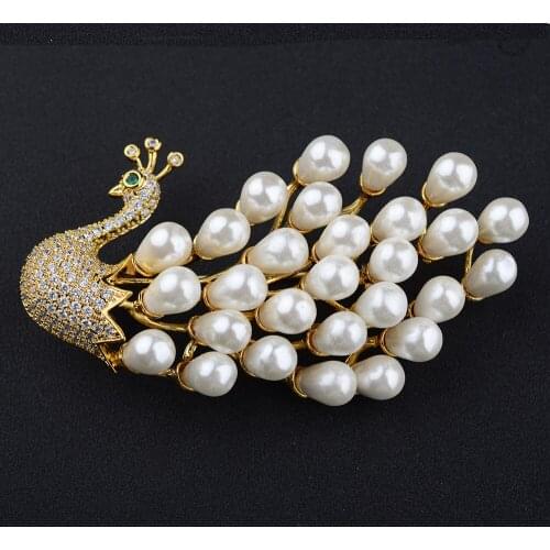 White Pearl Cz Pave Peacock Brooch