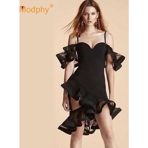 Black Womens Bandage Dress Sexy Sleeveless Ruffle Bodycon Club Celebrity Evening Party Spaghetti Vestidos 2020 Fashion New