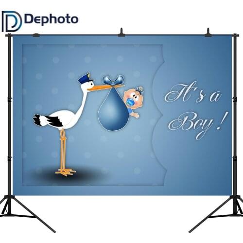 DePhoto Background Photo Newborn Baby Shower White Crane Sending Boy Child Cartoon Blue Background Photography Backdrops