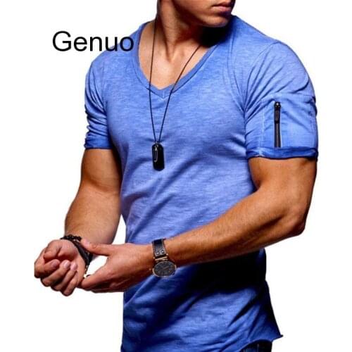 New Mens V-neck T-shirt Fitness Bodybuilding T-shirt High Street Summer Short-sleeved Zipper Casual Cotton Top