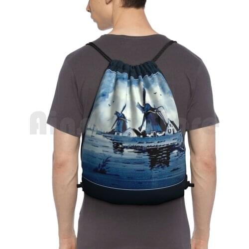 Dutch Blue Delft : Vintage Windmills Print Backpack Drawstring Bag Riding Climbing Gym Bag Dutch Blue Delft Delft Holland