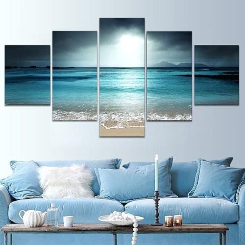 Landscape HD Poster Modern 5 Panel Sunset Seascape Beach Canvas Painting Modular Wall Art Print No Frame For Living Room Home De