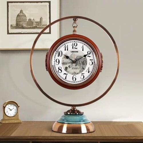 Chinese Solid Wood Metal Seat Clock Living Room Decorative Arrangement Table Clock Large Creative Silent Double-sided Table Cloc