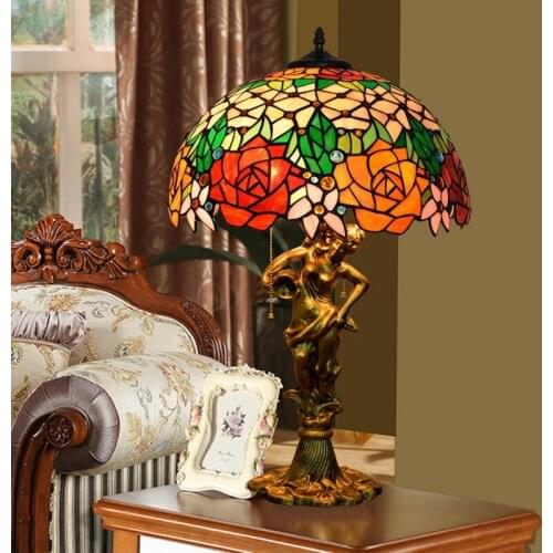 American style creative living room dining room bedroom bedside large beauty desk lamp Tiffany glass rose reading desk lamp