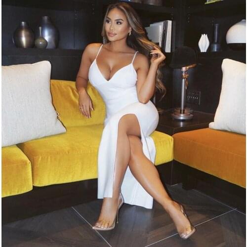 Summer Fashion Sexy Women V Neck Backless Split Midi Knee Length Bodycon Bandage Dress 2021 Female Evening Elegant Party Dress