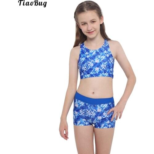 2021 Summer Fashion Girls Two Pieces Swimsuit Bikini Sleeveless Crisscross Back Printed Top With Boyshorts Bottoms Swimwear
